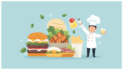 Young chef standing beside a huge pile of fast food