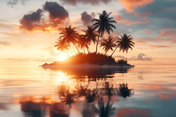 A tropical island with palm trees swaying in the breeze as the sun sets over turquoise waters, casting golden reflections on the waves