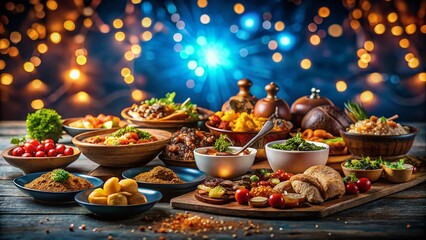 Nighttime Feast: Delicious Food on Blue Table, Stock Photo