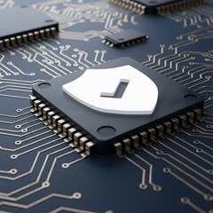 Cyber Security Protecting Data and Systems Illustrated on a Processor. Digital  for computing system on dark blue background, cyber security technology for fraud prevention and privacy data network