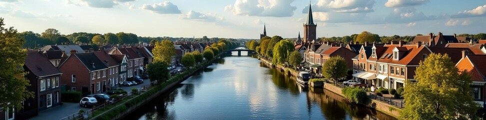 Fototapeta premium Aerial view of picturesque canals and historic buildings in Zwolle, Netherlands, aerial, canals