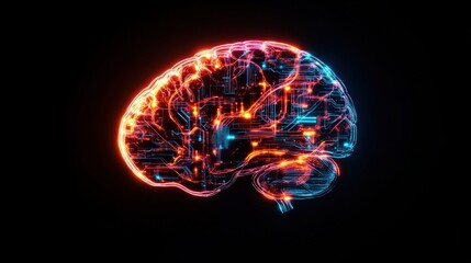 A creative depiction of a brain featuring a circuit design in the middle representing the fusion of mind and technology
