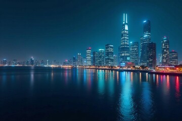 Fototapeta premium A futuristic city skyline with gleaming office buildings and illuminated skyscrapers at night, global trade, commerce