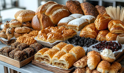Bakery display of various breads and pastries