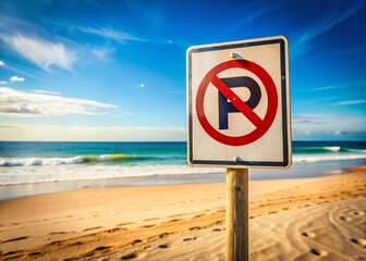 No Parking Sign on Sandy Beach, Summer Vacation, Coastal Restrictions