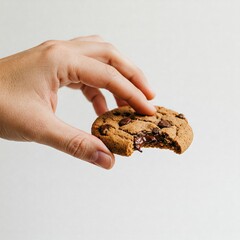 Close-up of a hand reaching for a warm chocolate chip cookie..