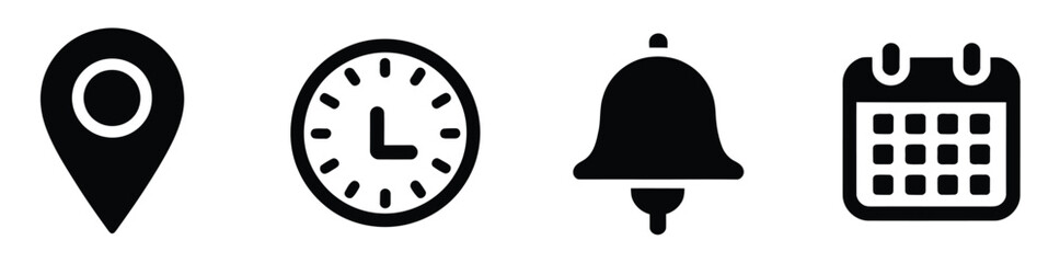 Location, time, calendar, and notification icon set in black silhouette style