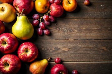 A rustic autumn background with colorful fruits like apples, pears, and grapes on a wooden table, fruits, wooden