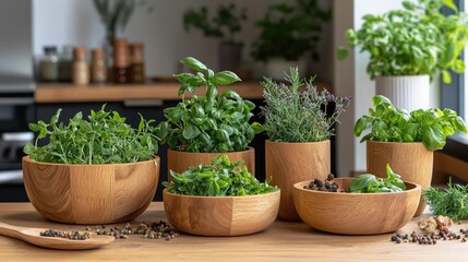 Fresh Herbs in Wooden Bowls on Kitchen Counter with Organic Vibes