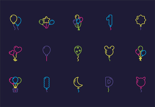 Colorful Neon Balloons Party Celebration Icons Set