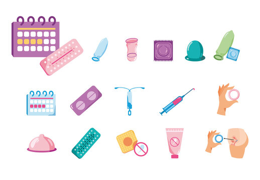 Colorful Birth Control Methods Healthcare Icons Set