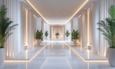 Luxurious hotel hallway, marble floor, plants, ambient lighting
