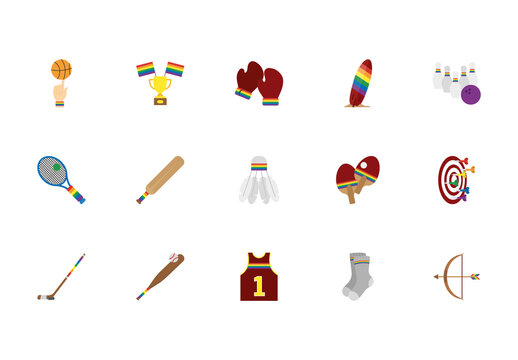 Colorful Sport Equipment LGTBIQ Themed Icons Set
