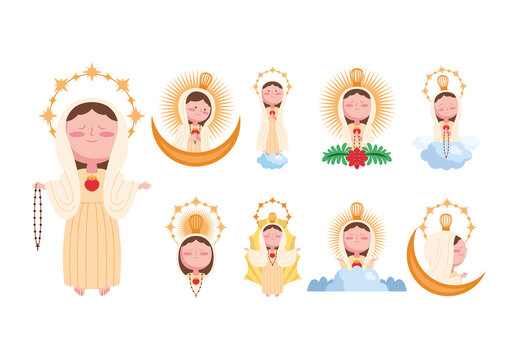 Colorful Virgin of Fatima Religious Illustration Set