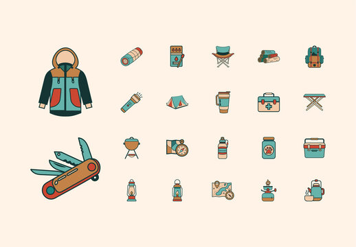 Green and Beige Camping Equipment Illustration Set