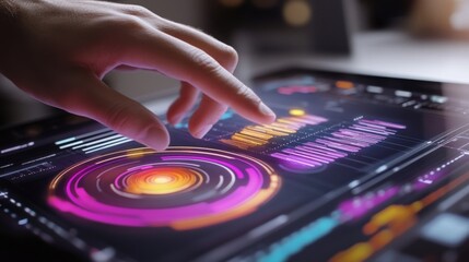 Obraz premium Closeup of a hand swiping through a holographic interface filled with colorful bar graphs and circular data charts set against a futuristic workstation. The background fades into blurred