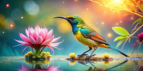 Olive-backed Sunbird and Rak Lake Prop Flower Double Exposure Photography