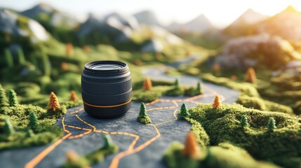 Camera lens positioned on a detailed map highlighting travel routes and scenic locations for photography adventures