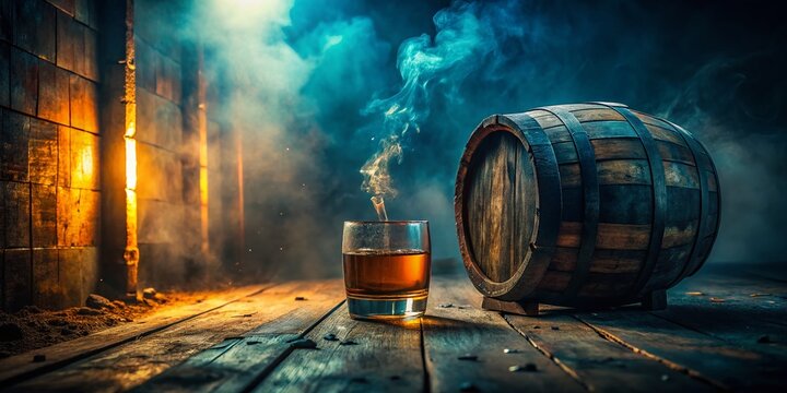 Old Wooden Barrel, Glass of Cognac, Whiskey or Rum, Still Life, Urban Exploration Photography, Copy Space