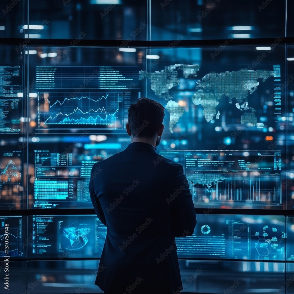 Poster a man is looking at a computer screen with a map of the world on it