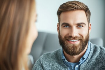 Fototapeta premium Smiling Man in Gray Sweater with Beard and Blue Eyes in Modern Interior