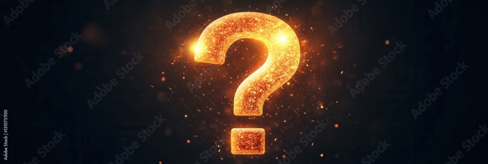 Poster glowing minimalist question mark icon with light bursts in modern flat style on dark background