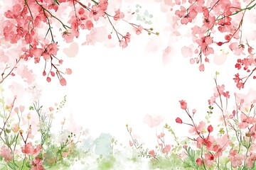 Fototapeta premium Nature's delicate flowers in watercolor style framing a soft blank canvas springtime