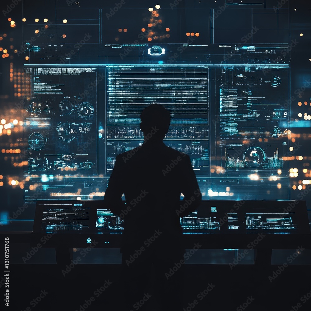 Poster a man is standing in front of a computer monitor with a dark background