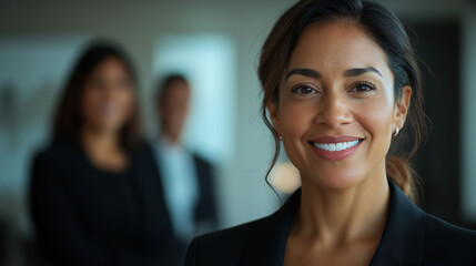 Una mujer latina profesional segura de sí misma, sonríe a la cámara, mientras sus compañeros de oficina quedan fuera de foco en el fondo.