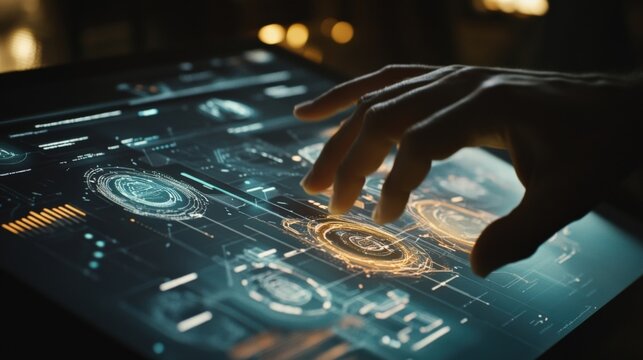 A closeup of a person using a hand gesture to manipulate a floating holographic interface showcasing diagrammatic workflows and graphs with an atmosphere of techdriven innovation and