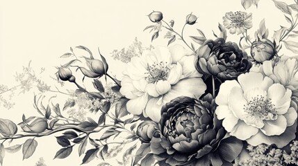 A timeless botanical illustration featuring roses, peonies, and delicate vines in vintage style.