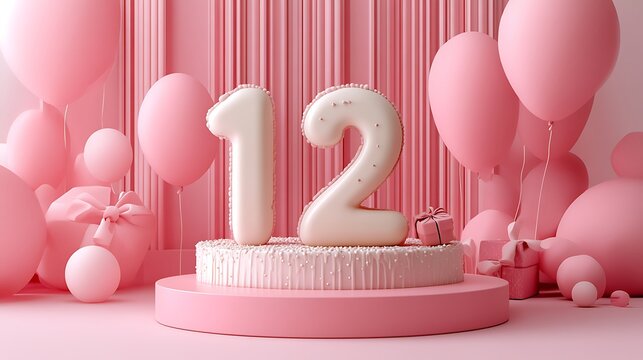 Pink twelve birthday cake with balloons and gifts.