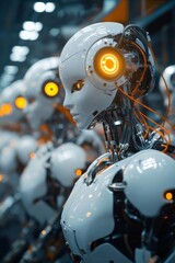 Fototapeta premium Assembly Line of Humanoid Robots: Futuristic Technology and Artificial Intelligence
