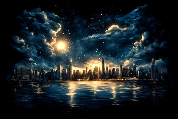Fototapeta premium City skyline is reflected in the water, with the moon shining brightly in the sky. Scene is serene and peaceful, as the city and water seem to be in harmony with each other