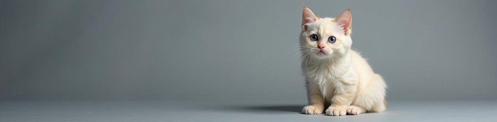 Adorable fluffy cat with blue eyes sitting on gray backdrop, kitten, fur