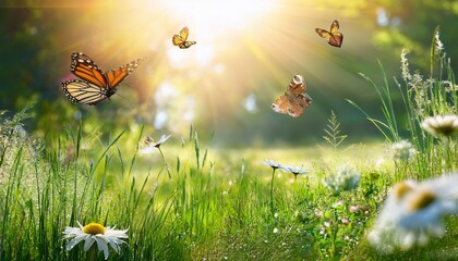 Fototapeta premium a sunny day in a summer forest glade with flowering grass beautiful wildflowers and butterflies