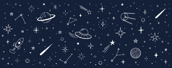 Space star vector kid universe background. Hand drawn doodle sketch style space cute galaxy background. Hand drawn kid galaxy universe pattern. Planet, rocket, star element. Vector illustration © Polina Tomtosova