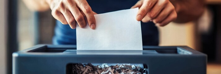 Hands placing paper into a shredder, contributing to paper recycling and document security in a home office environment