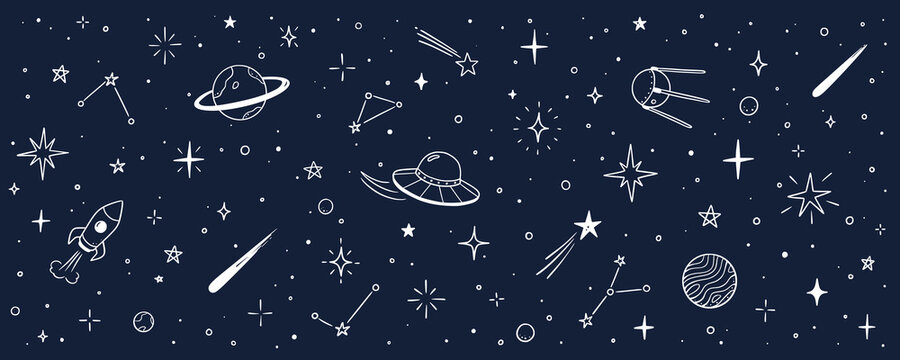 Space star vector kid universe background. Hand drawn doodle sketch style space cute galaxy background. Hand drawn kid galaxy universe pattern. Planet, rocket, star element. Vector illustration