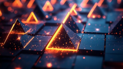 Glowing orange triangles on a dark blue geometric surface