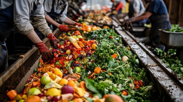 Sorting food waste to make compost, a process in a waste decomposition plant