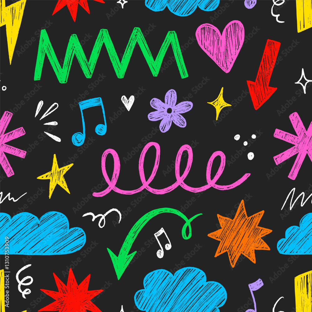 Poster kid shape color seamless pattern background. crayon scribble fun children color hand drawn pencil br