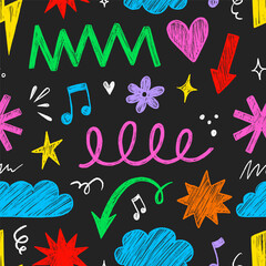 Kid shape color seamless pattern background. Crayon scribble fun children color hand drawn pencil brush shape seamless background. Abstract pattern crayon children pattern design. Vector illustration