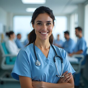 Hispanic female doctor examining patients in hospital. She is smiling warmly. She is wearing a sky blue scrubs and a stethoscope