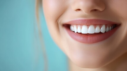 Fototapeta premium A close-up of a smiling woman with bright white teeth and smooth lips, symbolizing dental health, beauty, and happiness. The vibrant blue background enhances the fresh and clean appearance.