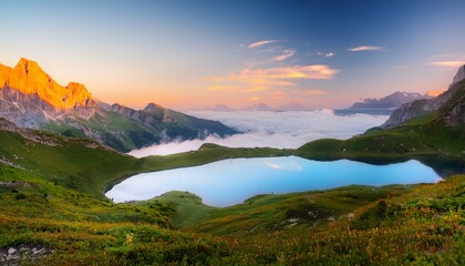 Fototapeta premium scenic foggy landscape during sunset fantastic morming panorama of mountains impressive nature scenery in alps atmospheric colorful landscape with misty lake and rocky mount on background
