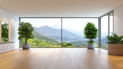 Fototapeta premium A cozy living room with a beautiful view overlooking lush green landscapes and bright blue skies