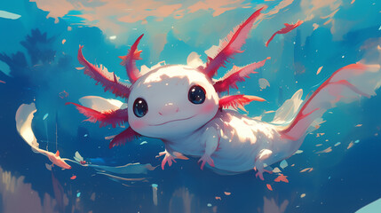 Fantasy Cute pink axolotl (Ambystoma mexicanum) illustration on summer season