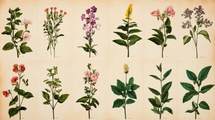 A timeless set of vintage botanical prints featuring intricate floral and herbal plant studies.