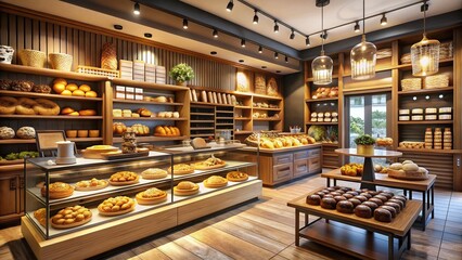 Panoramic 3D Render: Delicious Bakery Shop Interior with Bread & Pastry Displays